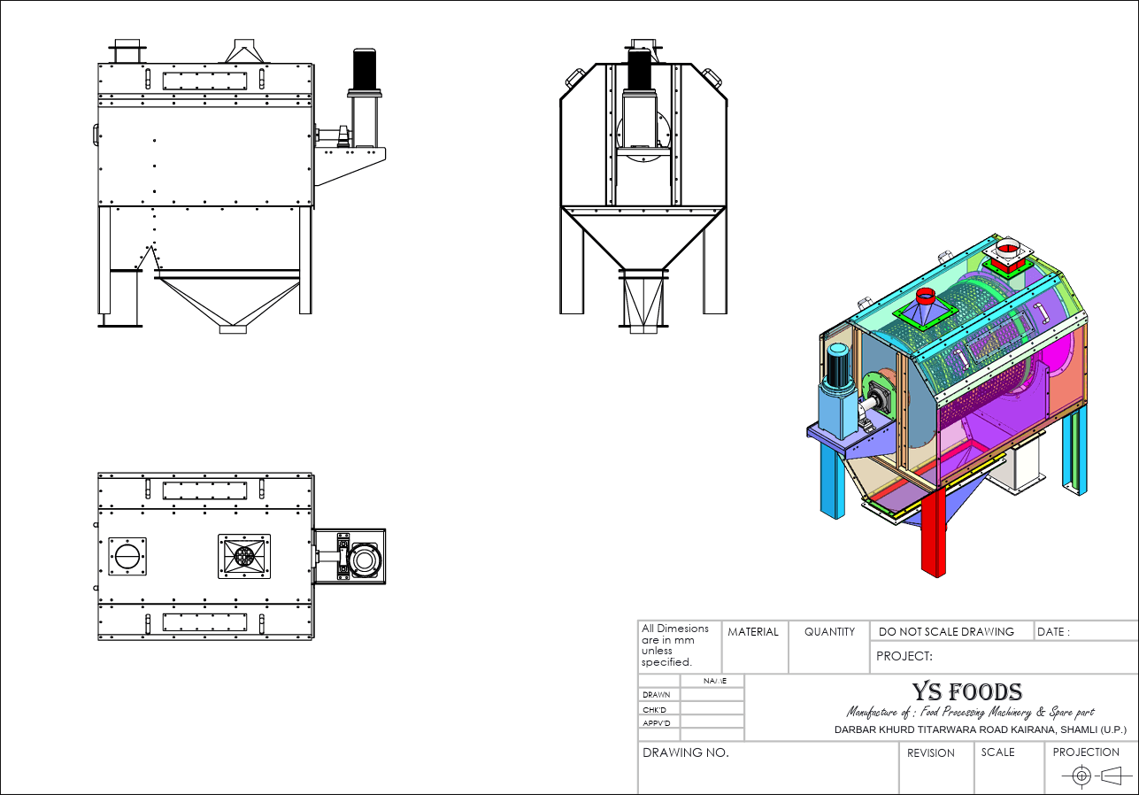 Multi-view YS Foods engineering drawing of a grain-processing machine with orthographic and 3D views