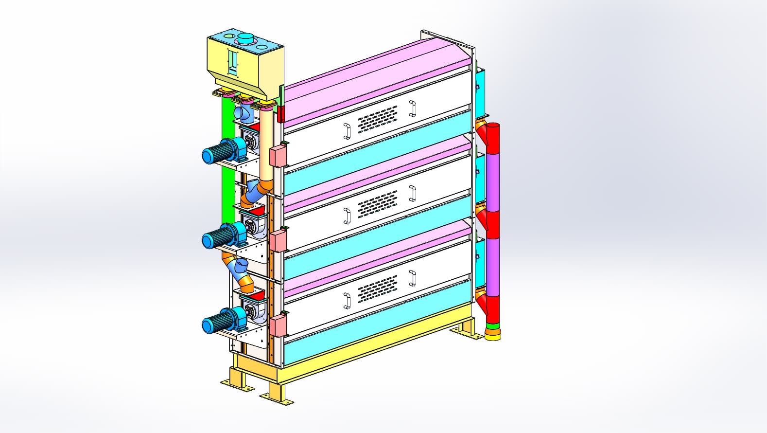 Detailed 3D render of a three-deck YS Foods sieving machine showing decks, motors, and aspiration ducts