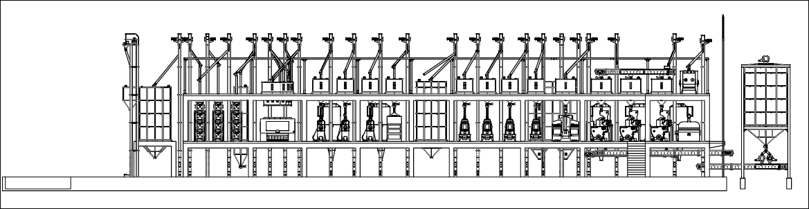 Sectional elevation drawing of a complete YS Foods grain-processing plant layout from intake to silos
